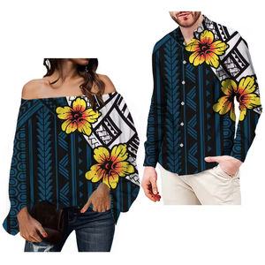 Chemise à manches longues pour <span class=keywords><strong>femme</strong></span>, motif de <span class=keywords><strong>tatouage</strong></span> tribal polynésien à fleurs hawaïennes, chemise en mousseline décontractée, chemise de couple, vente en gros - Product Image 2