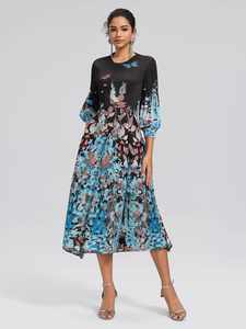 Robe midi plissée à imprimé floral bleu 2026 pour <span class=keywords><strong>femme</strong></span>, col rond, manches lanternes 3/4, coupe trapèze, <span class=keywords><strong>style</strong></span> décontracté <span class=keywords><strong>bohème</strong></span> - Product Image 4