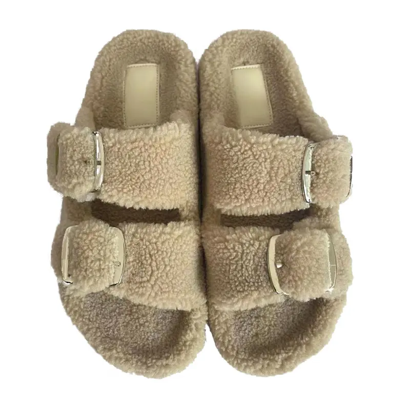 Mode Bont Vrouwen Slippers Beroemde Zemelen Rubber Vrouwen Slippers 2023 Platte Faux Schapenbont Slippers Voor Vrouwen