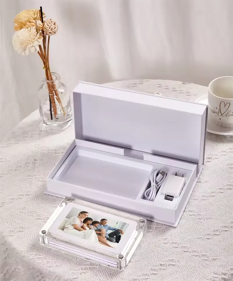 Moldura de vídeo digital acrílica para álbum de casamento, moldura digital com bateria integrada de 7 polegadas