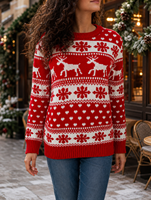 Pull personnalisé pour femme, motif Fair Isle de Noël, tricoté à la machine, motif renne, col rond, anti-plis, respirant