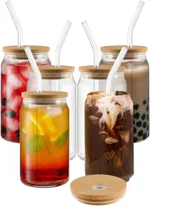 New style 16 oz beer can glass with bamboo cover and glass straw used for Ice coffee cup lovely smoothies boba tea whisky water