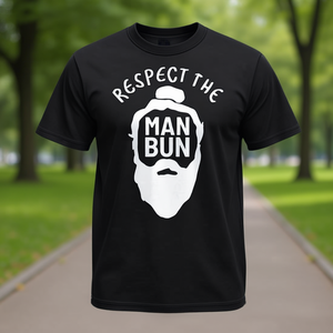 T-shirt Respect The Man Bun noir pour hommes, décontracté, à manches courtes, col rond, impression sérigraphique - Product Image 3