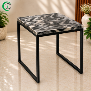 Grey Marble <b>Table</b> 14 Inch with Black Metal <b>Feet</b> Premium Decorative Accent <b>Table</b> for Home Office Living Room Dining Space - Product Image 1