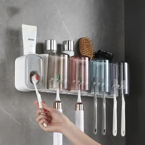 Hot Selling Multifunctional Punch Free Storage Toothbrush Holder Wall Mounted Automatic Toothpaste Dispenser