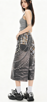 Culottes Y2K Cyberpunk décontractées à jambe large, imprimé denim trompe-loup, patchwork numérique haute densité, motif écossais, chaîne, effet usé, taille haute