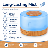 Diffuseur d'arômes en bois grainé sans BPA de 500 ml, humidificateur d'huiles essentielles, LED 7 couleurs, arrêt automatique, minuterie 1H/3H/6H, 28H intermittent
