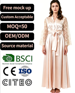 Robe longue en satin pour femme avec manches en dentelle, élégante robe de nuit <span class=keywords><strong>kimono</strong></span> à col en V, cadeau pour mariée et demoiselle d'honneur, robe douce couleur champagne - Product Image 1