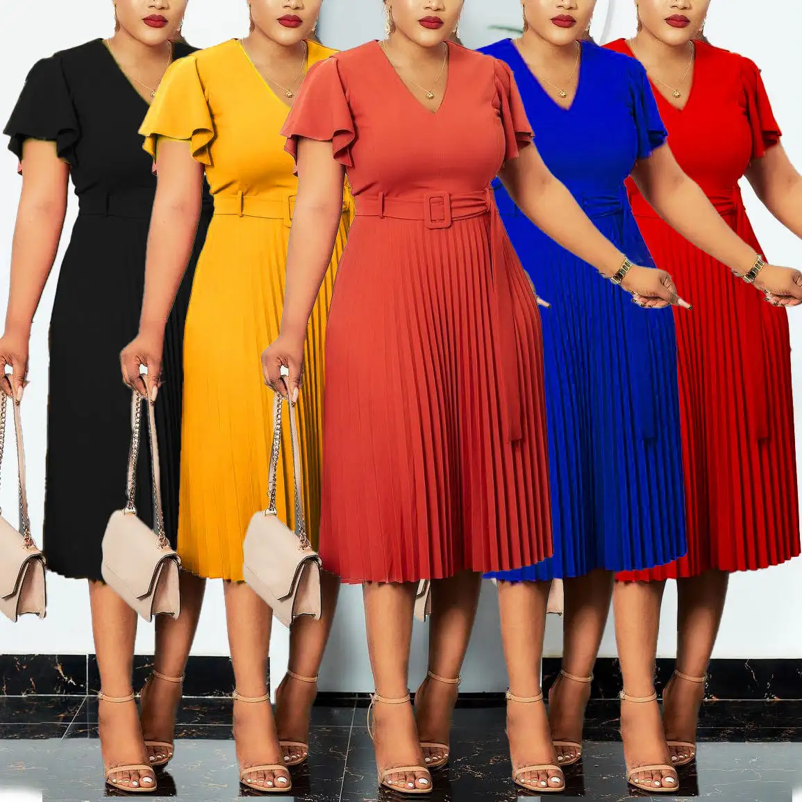 ODM Hot Sale V-neck Short Sleeve Women Office Boutique Women Plus Size pleated Dresses