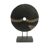 Sculpture artisanale en bois carbonisé, disque circulaire à grain naturel, support en métal, design Art Déco, décoration intérieure, baptême