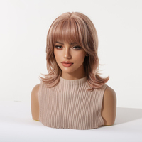 Perruque Ombrée Rose Marron Coupe Wolf Cut 12 Pouces avec Frange - Perruque Courte Synthétique Résistante à la Chaleur pour Femmes