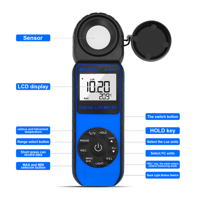 Digital Lux Meter-High Accuracy Light Meter with Wide Range Low Power LCD Display 2.0 Times/s Sampling Rate HP-881D