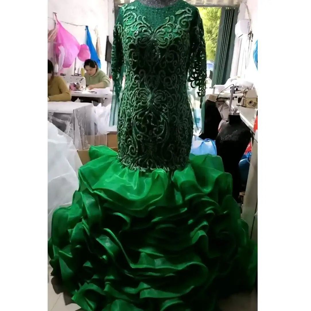 2024 African Green Ruffles Mermaid Wedding Dresses Bridal Gowns Plus Size Long sleeve Beaded Lace Fish Tail Bridal Gowns