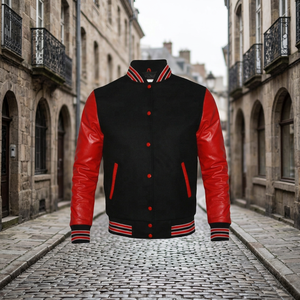 Blouson universitaire unisexe noir et rouge en cuir PU et laine/polyester, coupe-vent écologique, col montant, décontracté, hiver, coupe régulière, simple - Product Image 1