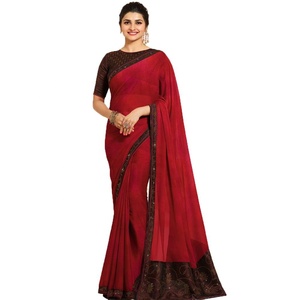 Sari en soie pour femmes indiennes, vêtements de fête de mariage, avec broderie, chemisier au design moderne, lavable, toujours vert - Product Image 1