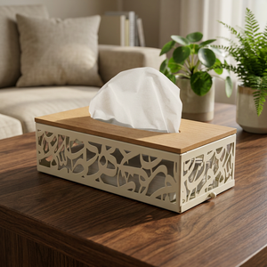 Boîte à mouchoirs multifonctionnelle en métal blanc avec dessus en bois de luxe, calligraphie arabe faite à la main, design découpé au laser pour la décoration de la maison - Product Image 2