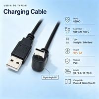 Câble de données USB-A vers Type-C coudé, charge rapide 3A, coudure à 90 degrés, matériau PVC, pour téléphones Android prenant en charge la transmission de données