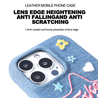 Étui de protection pour téléphone Zenos Ins Style fait main, série iPhone 14, design en jean brodé avec des étoiles et des cœurs, en cuir, tout inclus