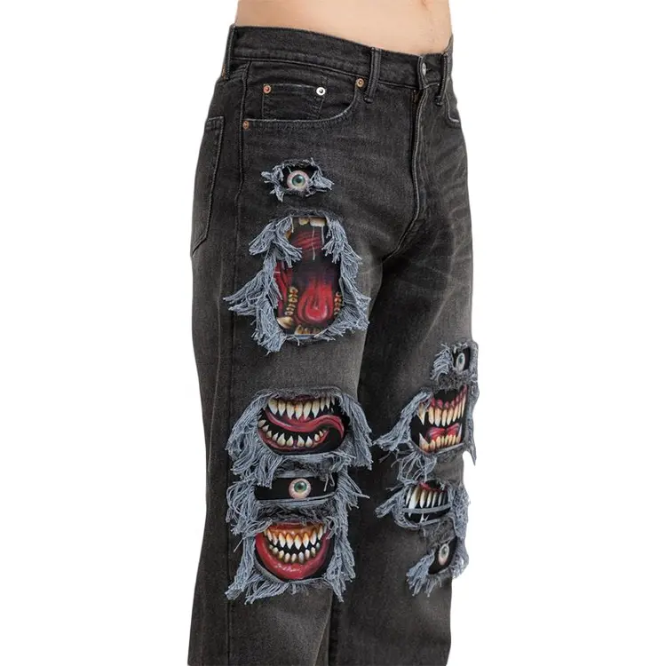 Finch konfeksiyon erkekler Streetwear stil erkekler's sıkıntılı tasarımcı ince pantolon yırtık sanat yamalar Denim kot