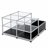 Table basse élégante en verre trempé avec base en tôle d'acier galvanisé électrolytique, meuble modulaire en métal durable pour salon