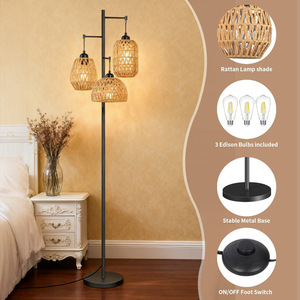 Lámpara de pie rústica de hierro con pantallas de ratán beige, altura ajustable para sala de estar o estudio - Product Image 3