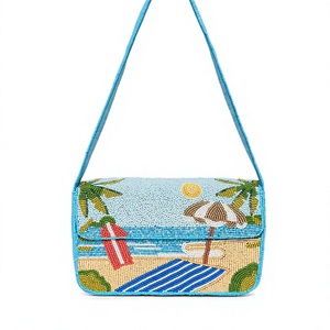 Sac à main brodé classique à motif de plage perlé, forme rectangulaire, en coton, élégant et mignon, sac artisanal, thème estival, de créateur pour femme - Product Image 1