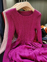 Nouvelle Robe Mi-Longue Vintage Chic pour Femme, Col Montant, Manches Longues, Patchwork, Froncée, Élégante, Amincissante à la Taille, Idéale pour l'Automne
