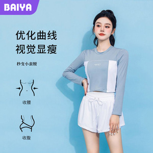 ชุดว่ายน้ำแขนยาวสองชิ้นสำหรับผู้หญิง สีฟ้าทะเลสาบและสีดำ UPF50 พลัส ชุดว่ายน้ำสไตล์สปอร์ตสำหรับวันหยุดและการออกกำลังกาย - Product Image 4