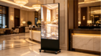 Écran publicitaire numérique LED intérieur P1.53 avec design mobile autoportant pour centres commerciaux, hôtels et promotions de marques
