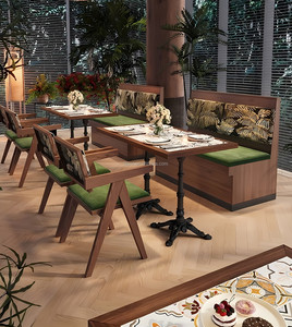 Fauteuil en bois massif avec dossier en rotin et canapé vertical en PU vert, table à manger sur piétement massif, mobilier de <span class=keywords><strong>café</strong></span> et restaurant - Product Image 6