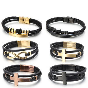 Bracelet KALEN à fermoir magnétique en acier inoxydable tressé, breloques multicouches, croix, infini, boule, religieux, judaïsme, plaqué or IP - Product Image 1