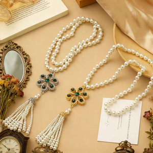 Flower Pendant Necklace With Pearl Tassel Silver And Gold Color Long Chain For Women Fashion Jewelry Accessory - Product Image 2
