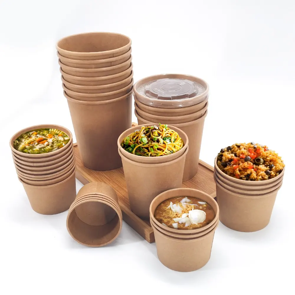 Kraft paper salad bowl with lid disposable take away soup cup fast food packing containers