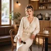 Ensemble deux pièces pour femme avec logo personnalisé OEM : pull en maille épaisse à col en V et jupe à rayures verticales, collection automne-hiver