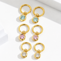 Boucles d'oreilles pendantes en acier inoxydable plaqué or 14 carats avec zircon cubique, design rond serti, bleu, rose ou transparent