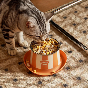 Gamelle Magique pour Chat Rayée Orange et Blanche avec Support Élevé pour le Cou Anti-Renversement - Product Image 1