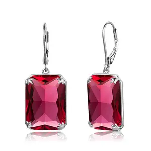 Fashionable Sterling Silver Ruby Wedding Square Red Gemstone Drop Long sterling silver hoop earrings 925