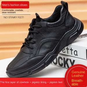 Baskets décontractées confortables pour hommes, doublées en peau de porc, tige en cuir de vachette, basses, noires, à lacets, respirantes, hiver-printemps - Product Image 4