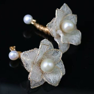 14K Gold Filled Hand‑Woven Floral <b>Drop</b> <b>Earrings</b> Italian Wire Lace Craft High Luster 10‑11mm Edison Freshwater Pearl <b>Drop</b> <b>Earring</b> - Product Image 3