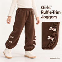 Smiledotkids Pantalon de jogging personnalisé pour enfants, marron, avec nœud perlé et volants, doux, OEM ODM, pour petites filles, vente en gros