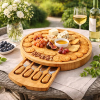 Plateau à fromage ovale en bambou avec tiroir coulissant et 4 couteaux en acier inoxydable, idéal pour les soirées à vin et comme cadeau.