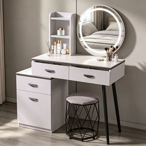 Modern <b>Makeup</b> <b>Vanity</b> With Lighted <b>Mirror</b> Storage Drawers Bedroom Dressing Table With Stool - Product Image 2