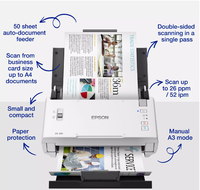 Scanner professionnel compact Epson WorkForce DS-410 A4 à alimentation par feuilles avec chargeur automatique de documents 50 feuilles et logiciel Epson Document Capture Pro