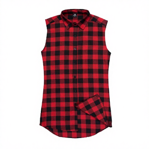 Nouveau modèle de chemise décontractée sans manches pour homme, 100 % coton, écologique, respirante, infroissable, en flanelle à carreaux, design tissé, ODM - Product Image 3