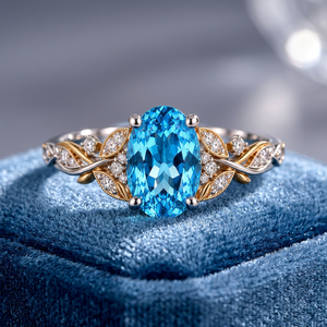 Bague ovale en topaze bleue suisse, argent sterling 925, bague de fiançailles bicolore motif feuille de vigne, bijoux personnalisés en pierres précieuses, fabricant en gros - Product Image 5