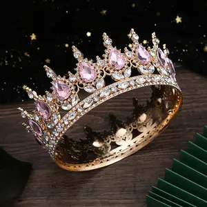 Hete Verkopende Barokke Bruids Tiara Hoofddeksels Waterdruppel Kleurige Stenen Ronde Optocht Strass Kroon Retro Queen Voert Kroon Uit