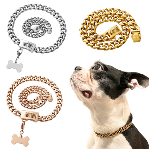 Chaîne pour chien en acier inoxydable 316L, maillons cubains, 13 mm, collier de luxe doré avec pendentif en forme d'os - Product Image 1