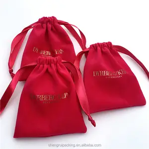 Pochette en velours rose vif imprimée de logo d'estampage de feuille d'or de luxe pour des bijoux petit cadeau pochettes en velours en gros