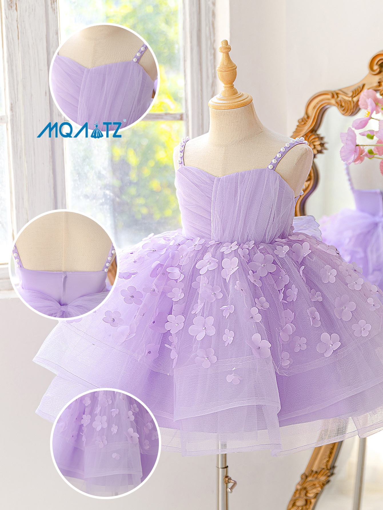 MQATZ New Design Sleeveless Summer Satin Floral Sequin Big Bow Birthday Wedding Children Kids Evening Party Knee-Length Dress