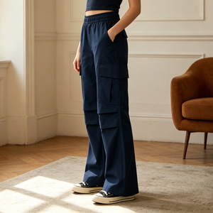 <span class=keywords><strong>Pantalon</strong></span> cargo pour femme, <span class=keywords><strong>bleu</strong></span> <span class=keywords><strong>marine</strong></span> uni, taille élastique, multi-poches, coupe évasée, jambe large, style streetwear décontracté, coupe bootcut - Product Image 2